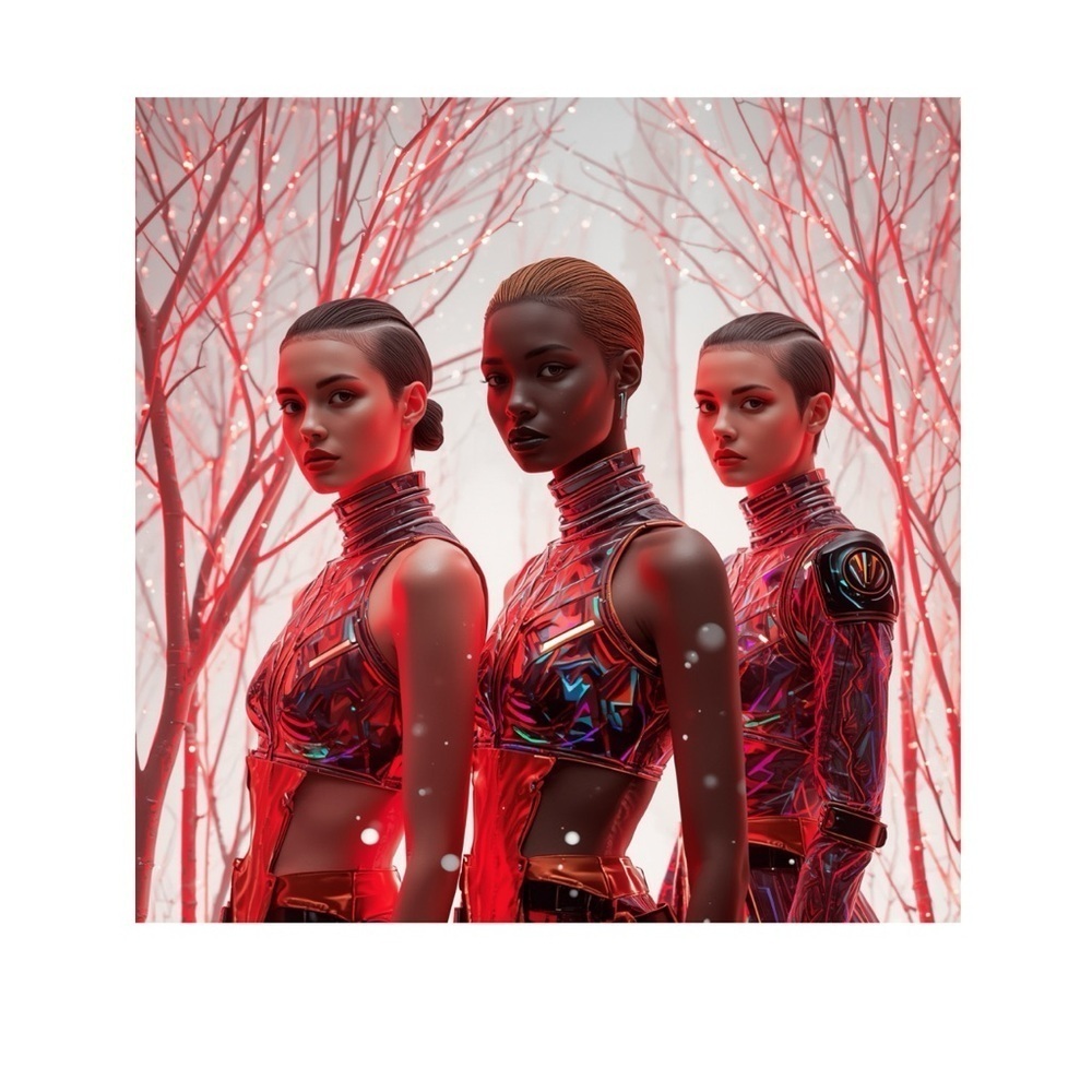HANDCRAFTED digital art print Futuristic Red festive design with models wall art
